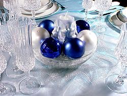 christmas centerpiece with items in blue colors