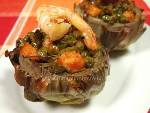 Stuffed artichokes with peas and shrimps