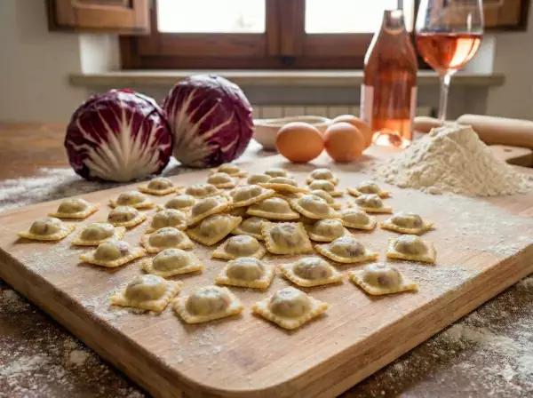 Ravioli al radicchio e salsiccia