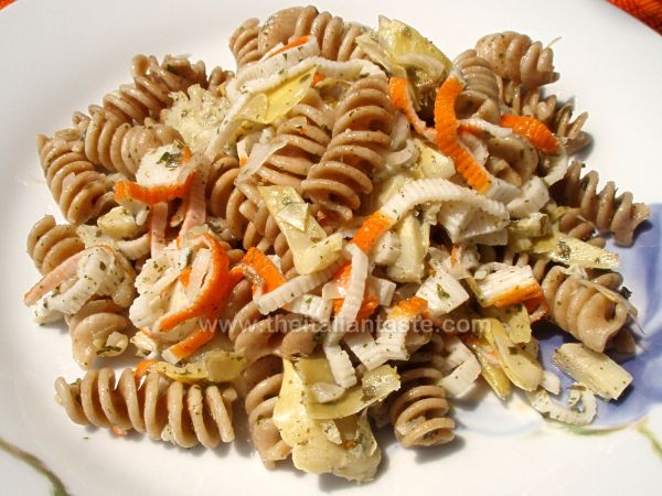 Pasta salad with artichokes and surimi crab sticks