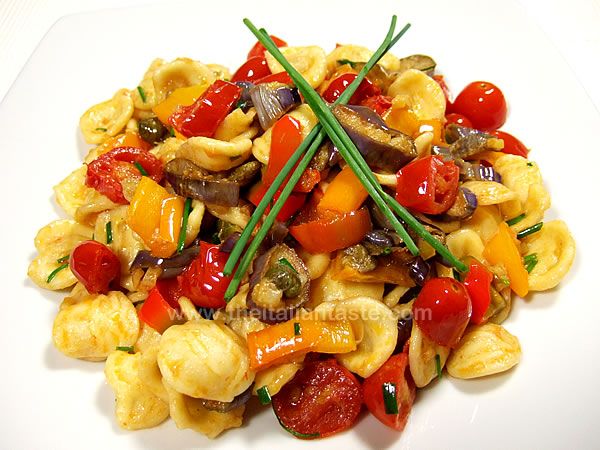 Orecchiette with eggplants and sweet peppers