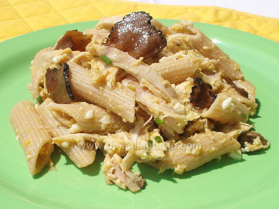Italian pasta salad with black truffle and rabbit